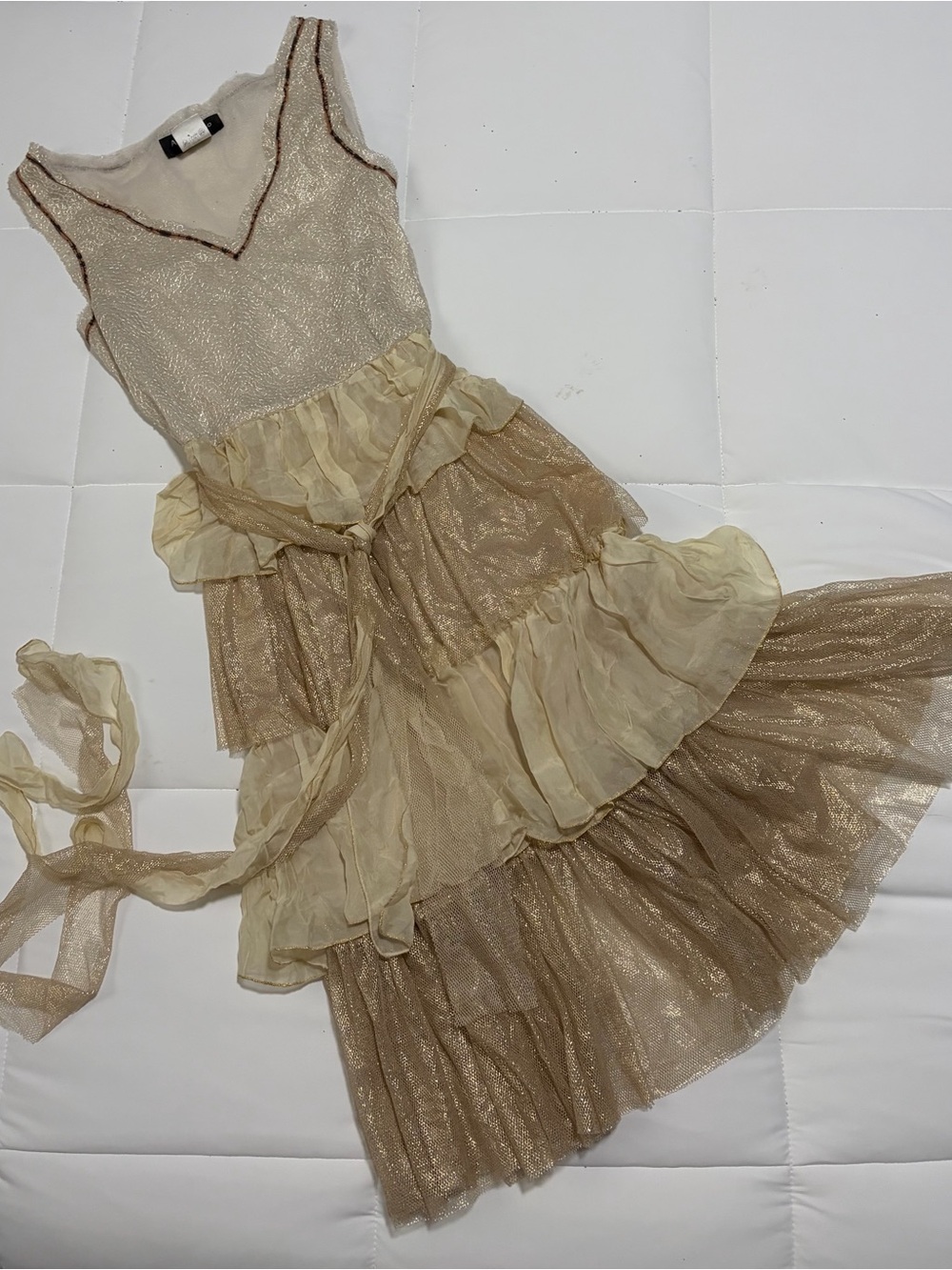 ✨ Adele Fado Champagne Gold Metallic Tiered Ruffle Dress - Made in Italy
